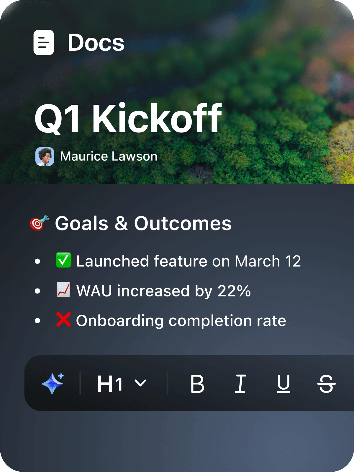 Skärmbild från en kickoff-session om ett dokument, med en lista över ämnen och deltagare på en samarbetsyta.
