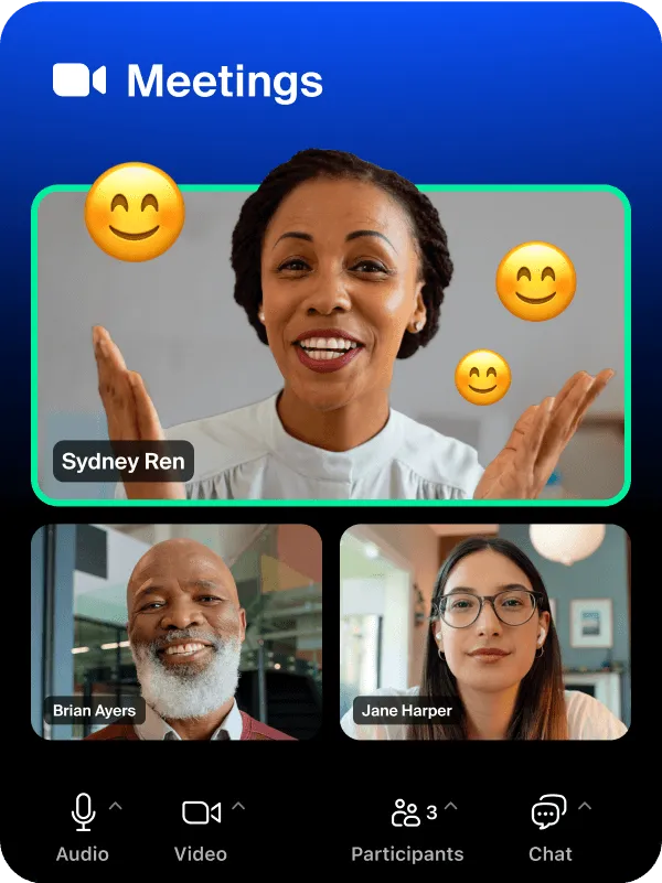 Meetings: コミュニケーションとエンゲージメントを高めるための、さまざまな絵文字が表示されているZoom Meetingsアプリのインターフェース。