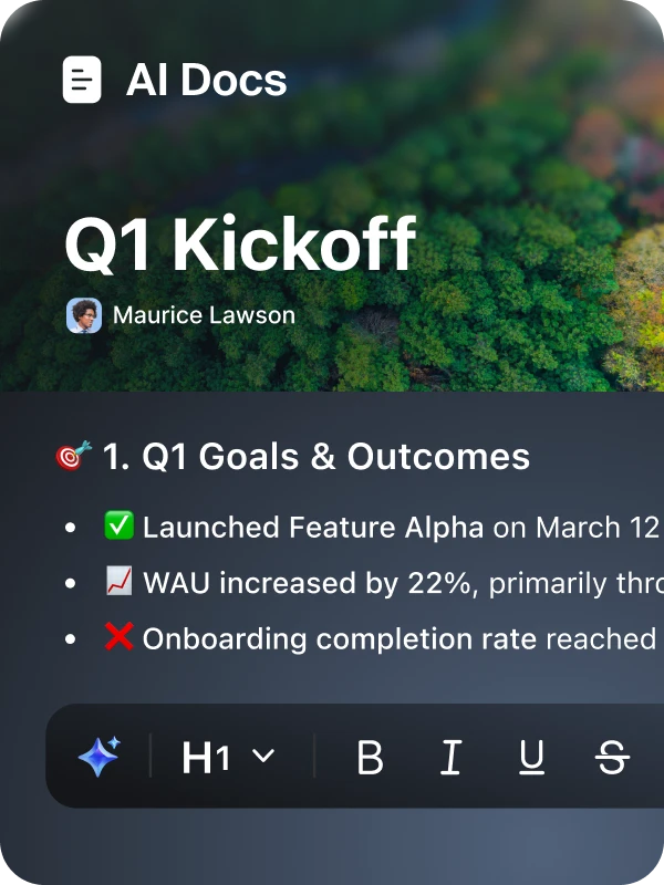 Screenshot from a document kickoff session, featuring a list of topics and attendees on a collaborative workspace.