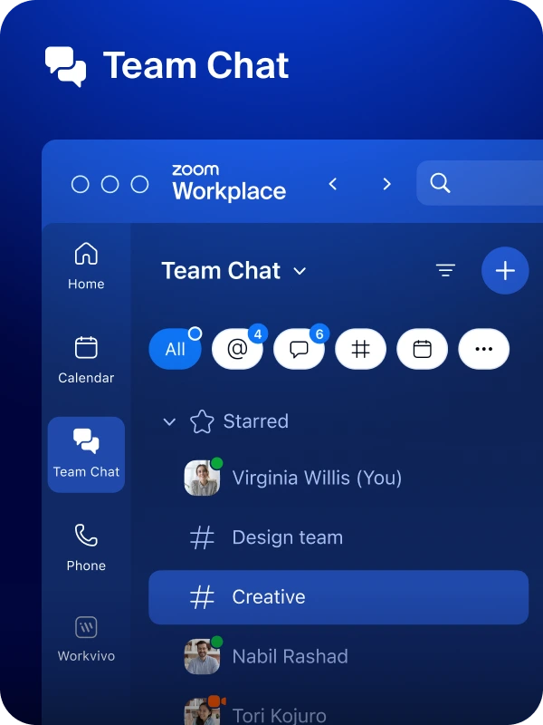 Screenshot of a Zoom chat showing DMs, channels and notifcations from team chat