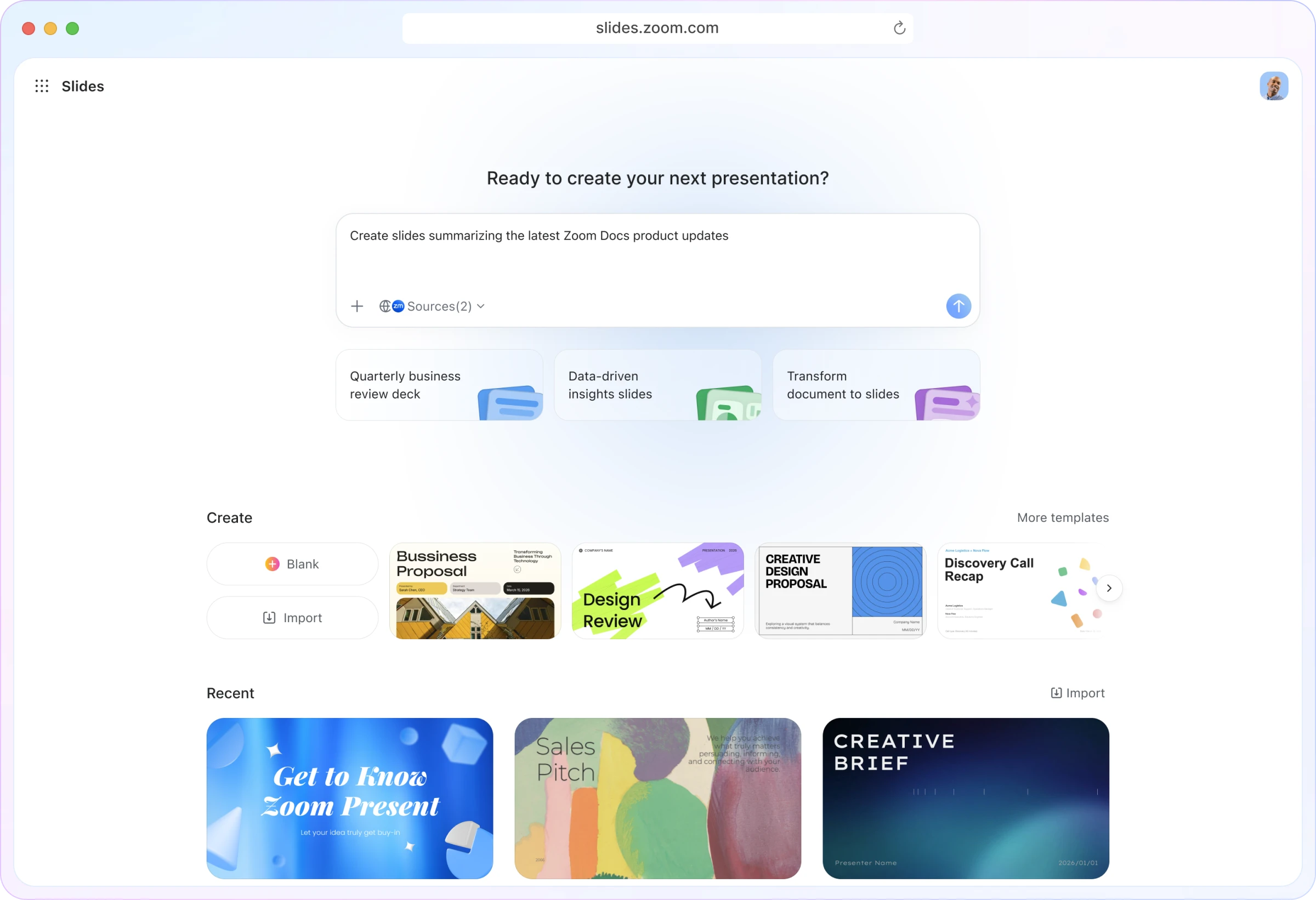 Zoom Slides workspace with a prompt composer, template gallery, and recent presentations