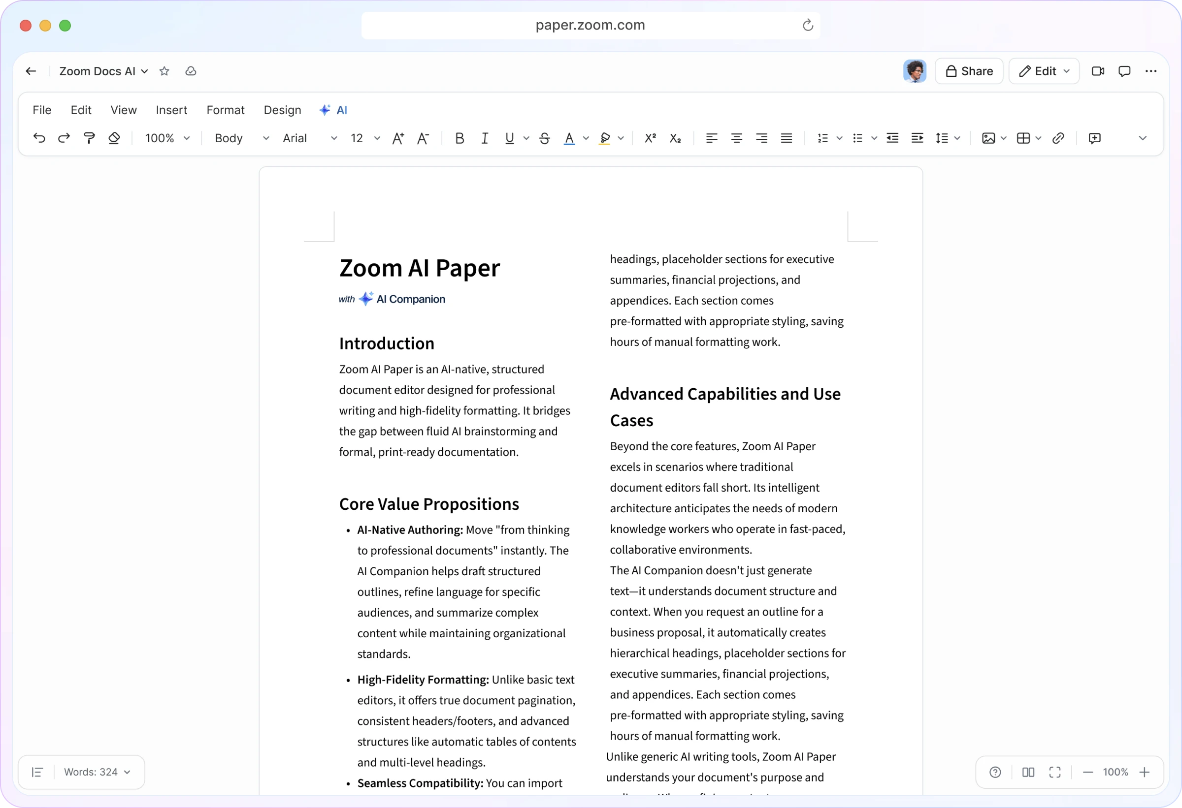 Zoom Paper hero showing a structured professional document with AI-powered editing