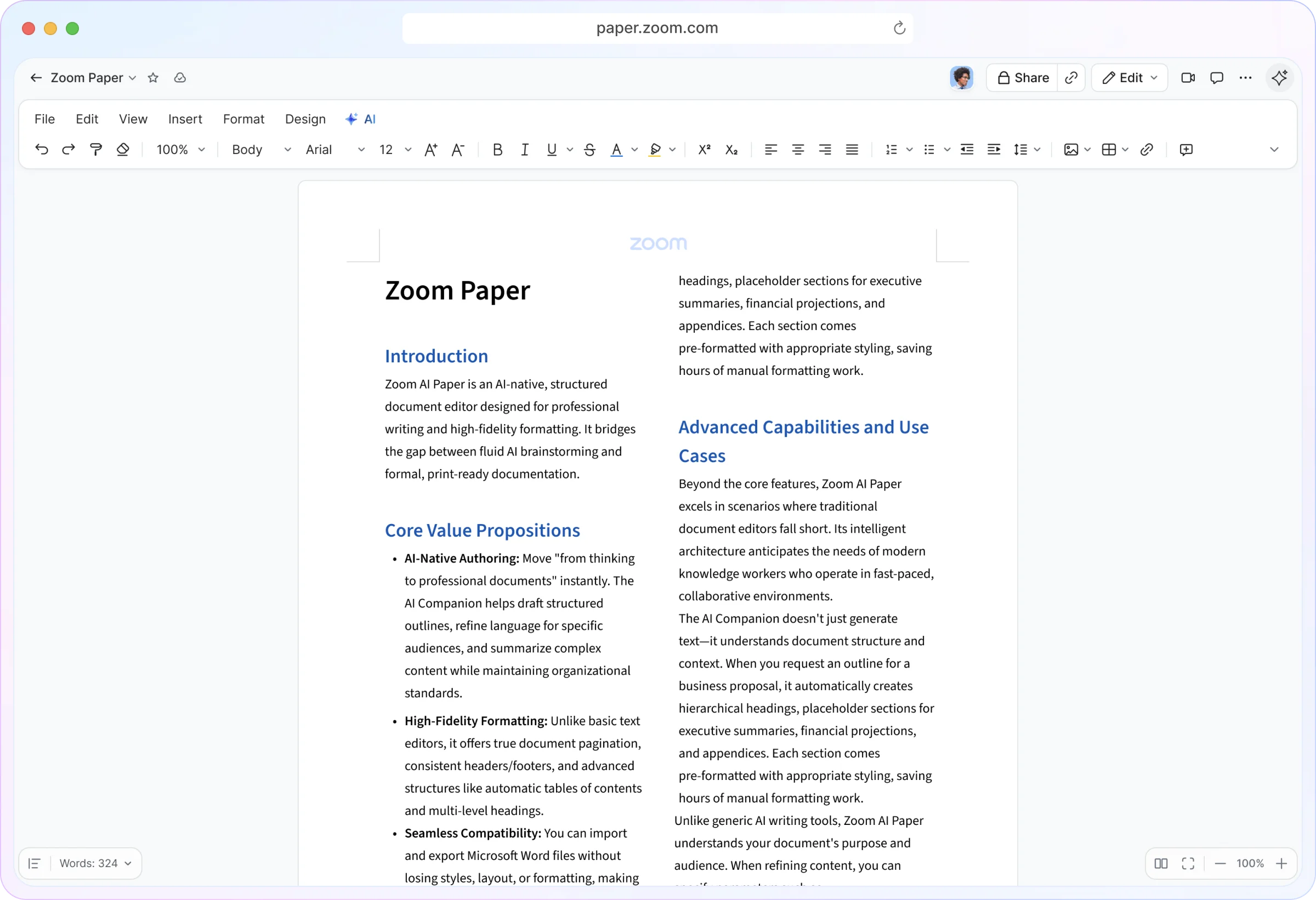Zoom Paper hero showing a structured professional document with AI-powered editing